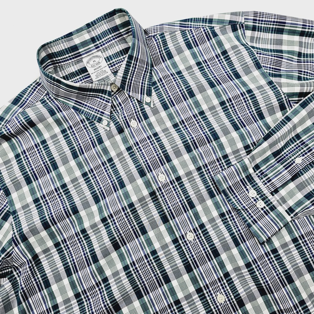 Brooks Brothers 1818 Regent Fit Plaid Mens XL Green‎ Blue Plaid  Tartan Preppy